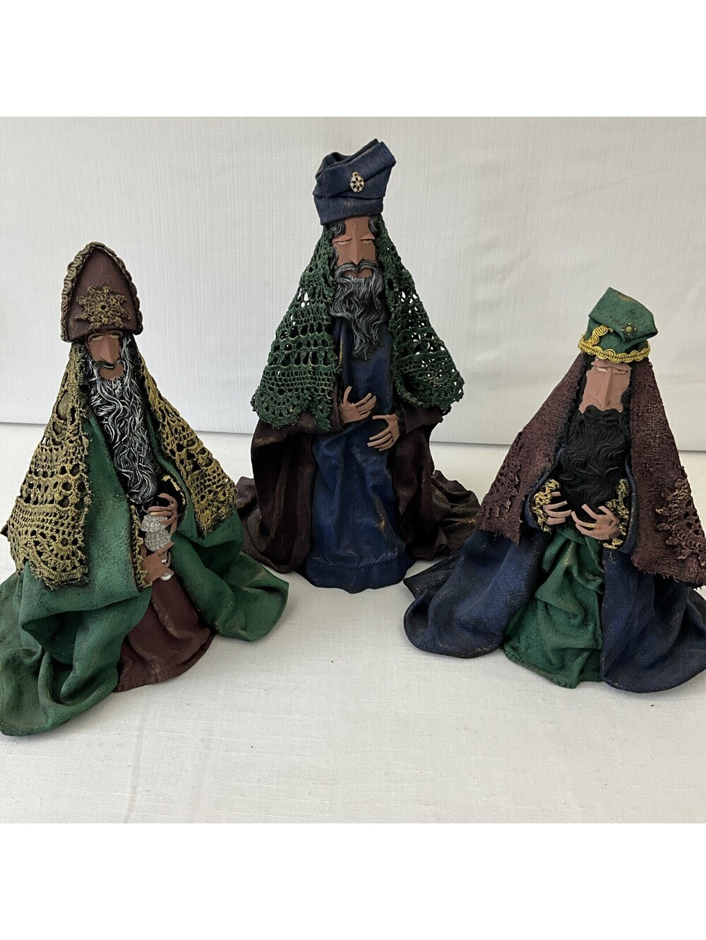 Nativity Crochet Fabric Mache Paper Mache 3 Wisemen Set Vintage Christmas